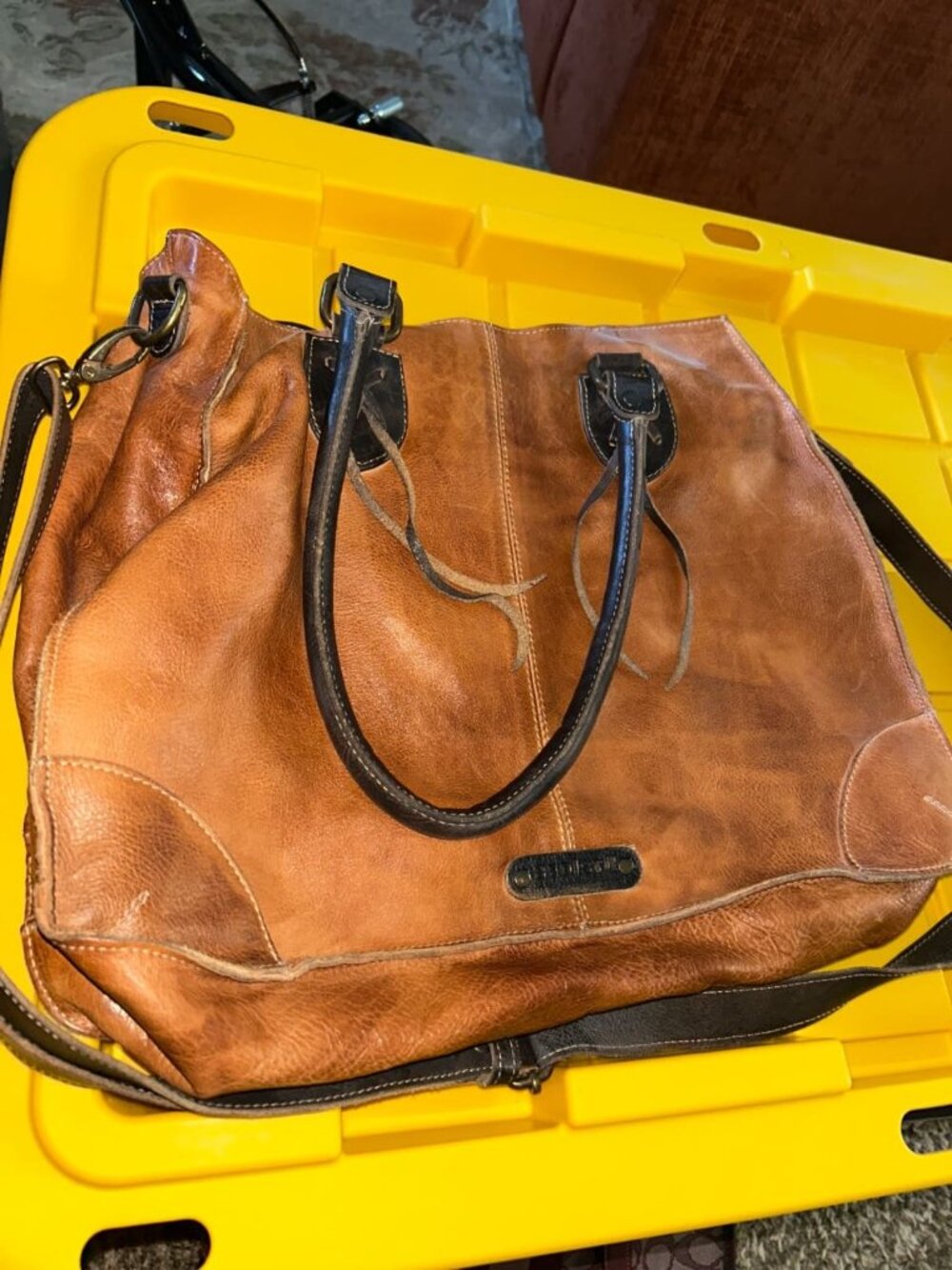 Bed Stu Cross-Stitch Leather Tote Cognac / Tan Distressed Leather (Navy handles…